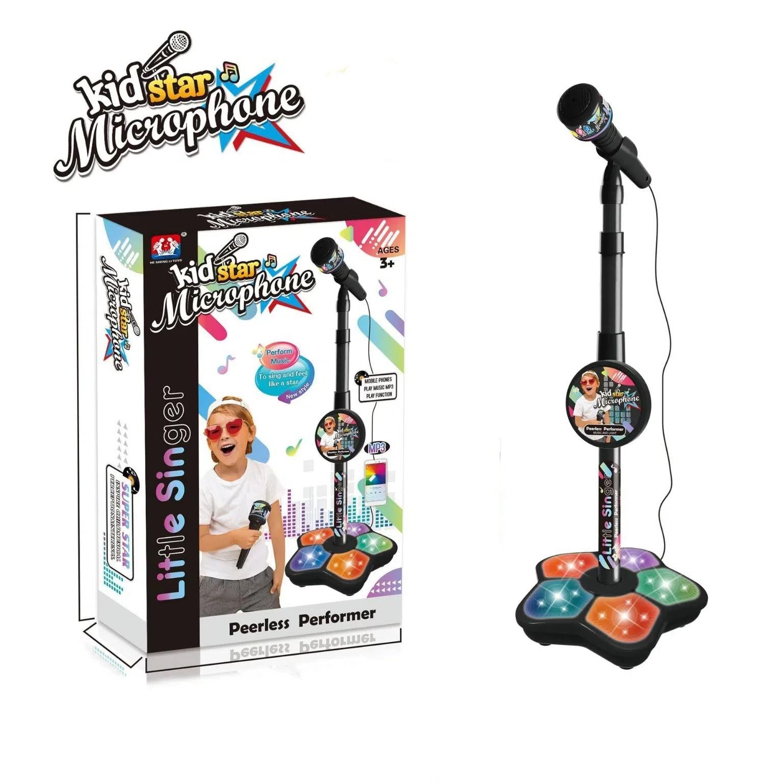 Babies Microphone with Stand, Singing Toys for Girls and Boys with Music and Light, Adjustable Standing Babies Karaoke Machine with Light - Black