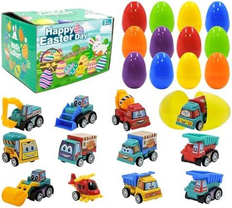 12Pcs Easter Eggs with Mini Pull-Back Cars, Stuffed Easter Eggs, for Boys and Girls
