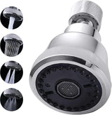 Chrome faucet aerator with four spray modes and 360-degree swivel.