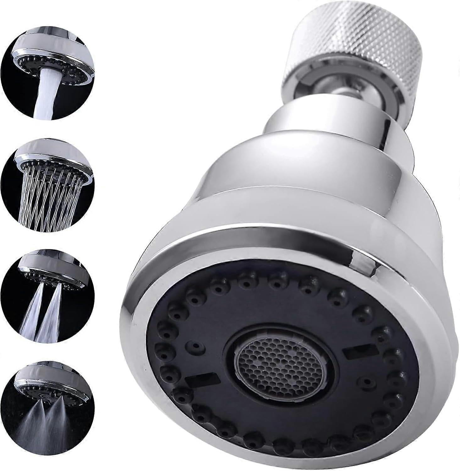 Chrome faucet aerator with four spray modes and 360-degree swivel.