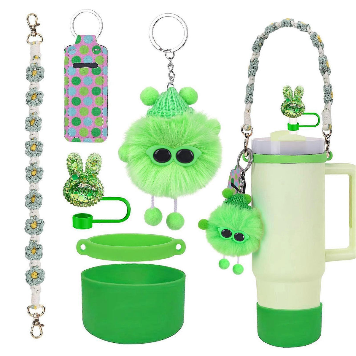 6pcs Cute Accessories Set for 20/30/40oz Tumbler Stanley Cup, Water Bottle Handle Strap, Siliocne Straw Cover and Plush Charms for Girls