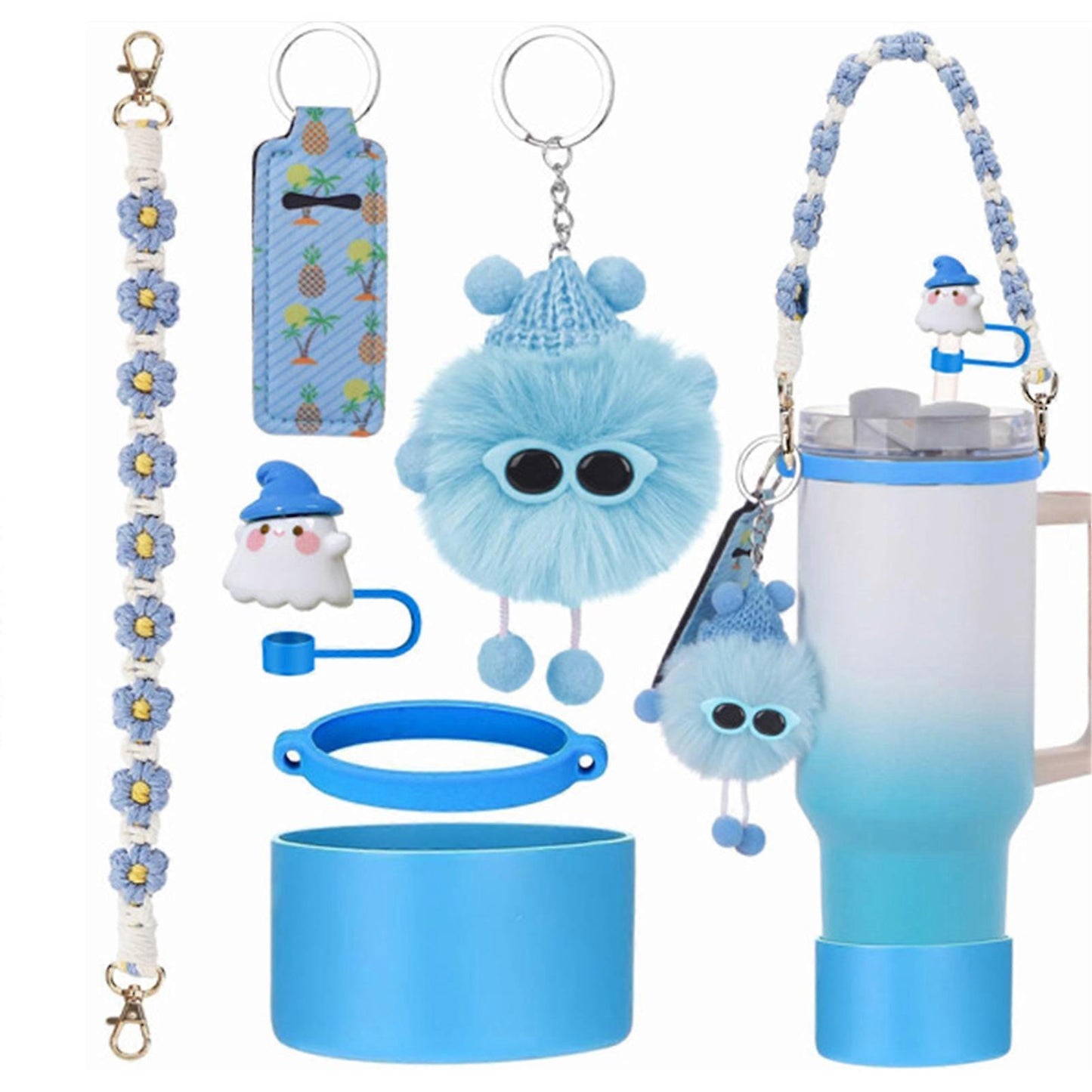 6pcs Cute Accessories Set for 20/30/40oz Tumbler Stanley Cup, Water Bottle Handle Strap, Siliocne Straw Cover and Plush Charms for Girls