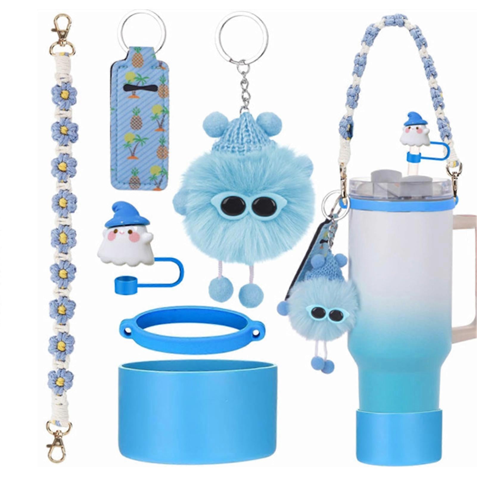 6pcs Cute Accessories Set for 20/30/40oz Tumbler Stanley Cup, Water Bottle Handle Strap, Siliocne Straw Cover and Plush Charms for Girls