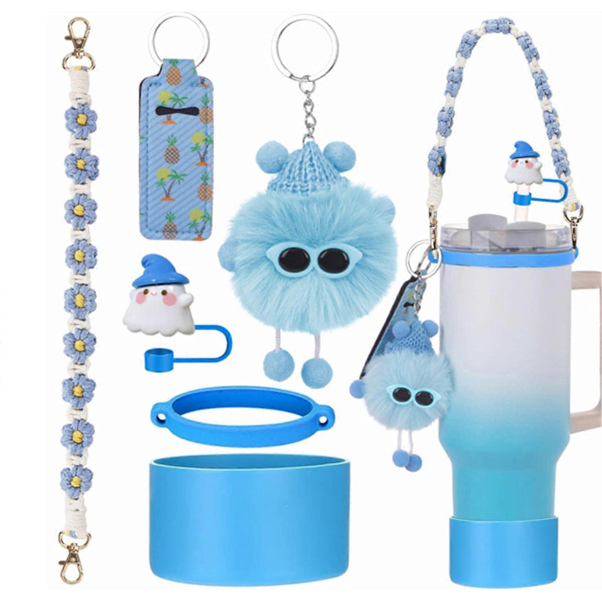 6pcs Cute Accessories Set for 20/30/40oz Tumbler Stanley Cup, Water Bottle Handle Strap, Siliocne Straw Cover and Plush Charms for Girls