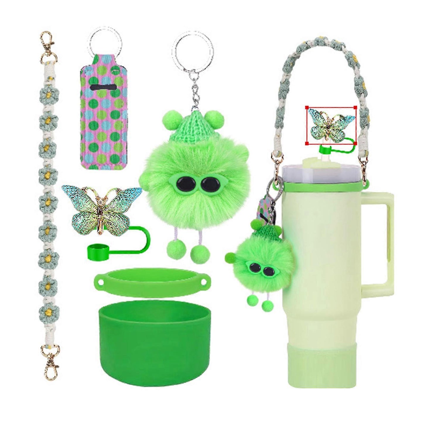 6pcs Cute Accessories Set for 20/30/40oz Tumbler Stanley Cup, Water Bottle Handle Strap, Siliocne Straw Cover and Plush Charms for Girls