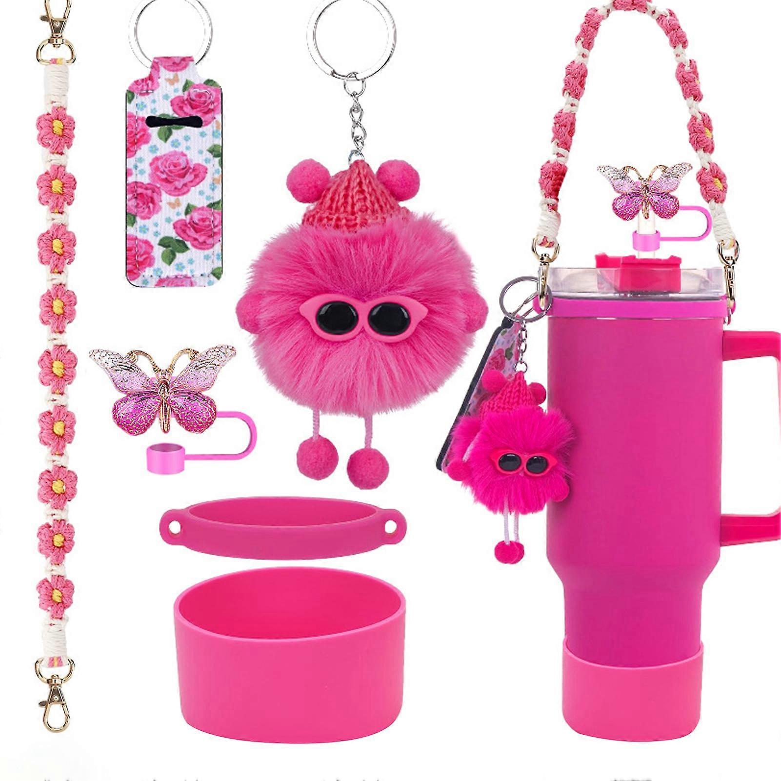 6pcs Cute Accessories Set for 20/30/40oz Tumbler Stanley Cup, Water Bottle Handle Strap, Siliocne Straw Cover and Plush Charms for Girls