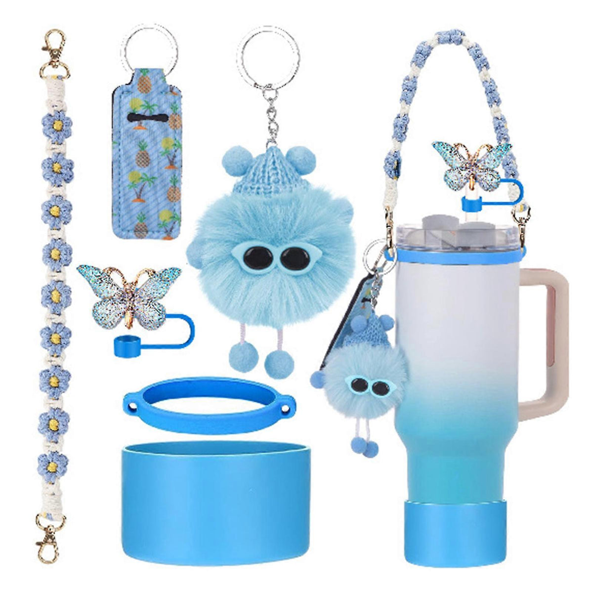 6pcs Cute Accessories Set for 20/30/40oz Tumbler Stanley Cup, Water Bottle Handle Strap, Siliocne Straw Cover and Plush Charms for Girls