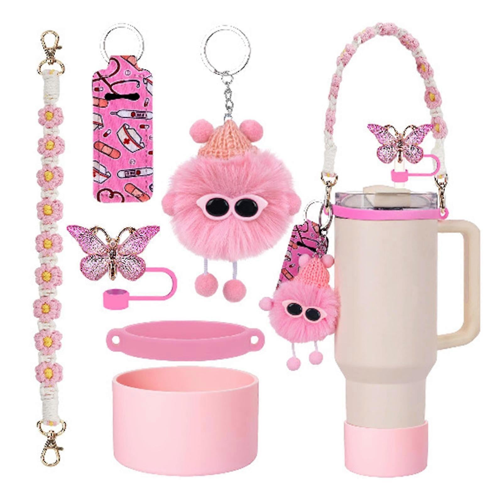 6pcs Cute Accessories Set for 20/30/40oz Tumbler Stanley Cup, Water Bottle Handle Strap, Siliocne Straw Cover and Plush Charms for Girls