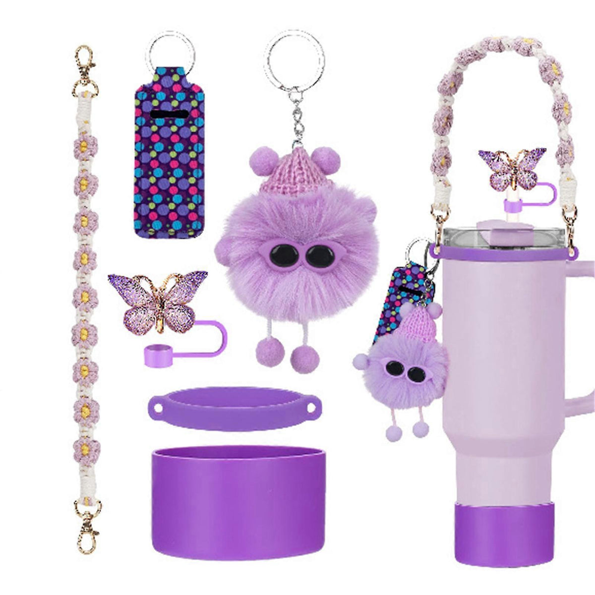 6pcs Cute Accessories Set for 20/30/40oz Tumbler Stanley Cup, Water Bottle Handle Strap, Siliocne Straw Cover and Plush Charms for Girls