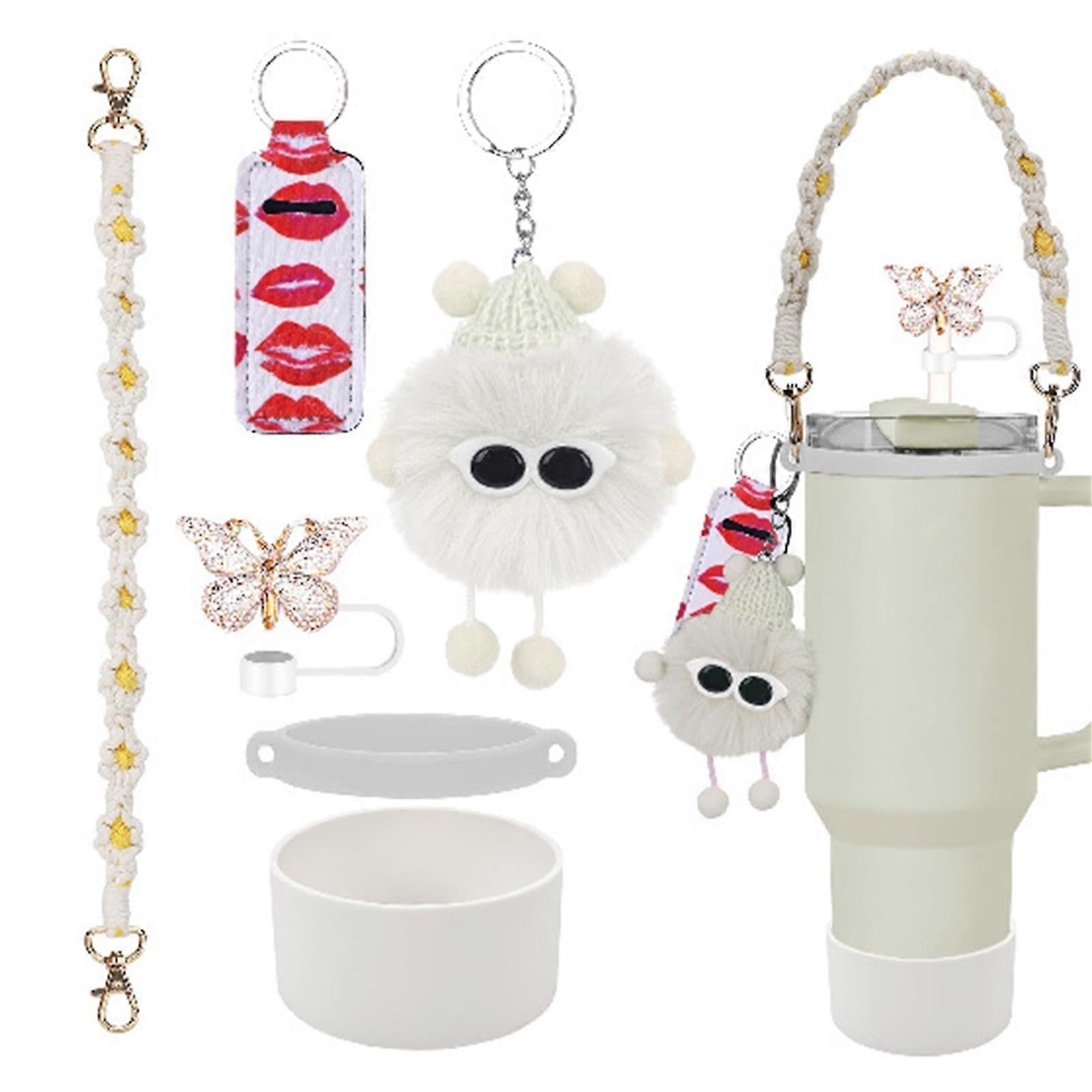 6pcs Cute Accessories Set for 20/30/40oz Tumbler Stanley Cup, Water Bottle Handle Strap, Siliocne Straw Cover and Plush Charms for Girls