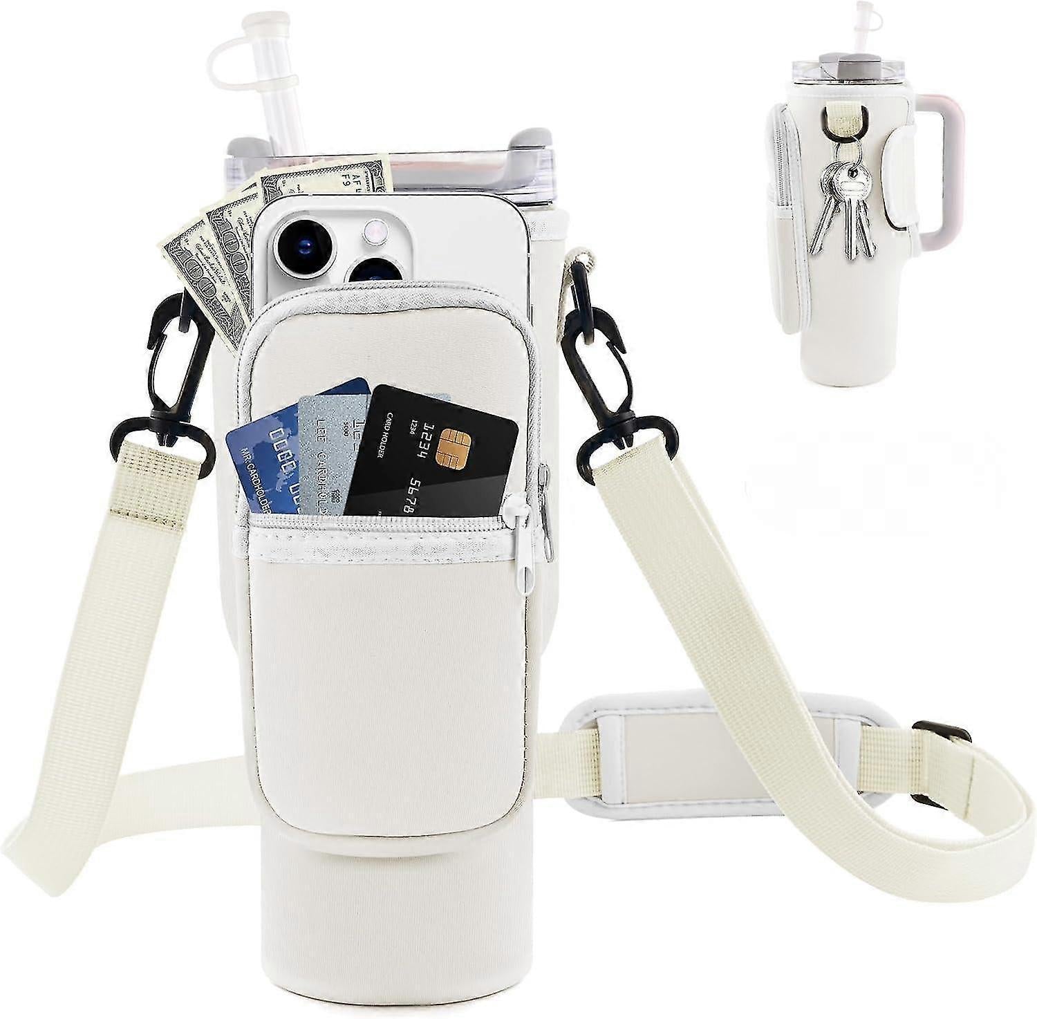 Water Bottle Carrier Bag with Phone Pocket for Stanley Cup 40 oz, Water Bottle Holder with Adjustable Strap& Straw Cover, Stanley Cup Accessories
