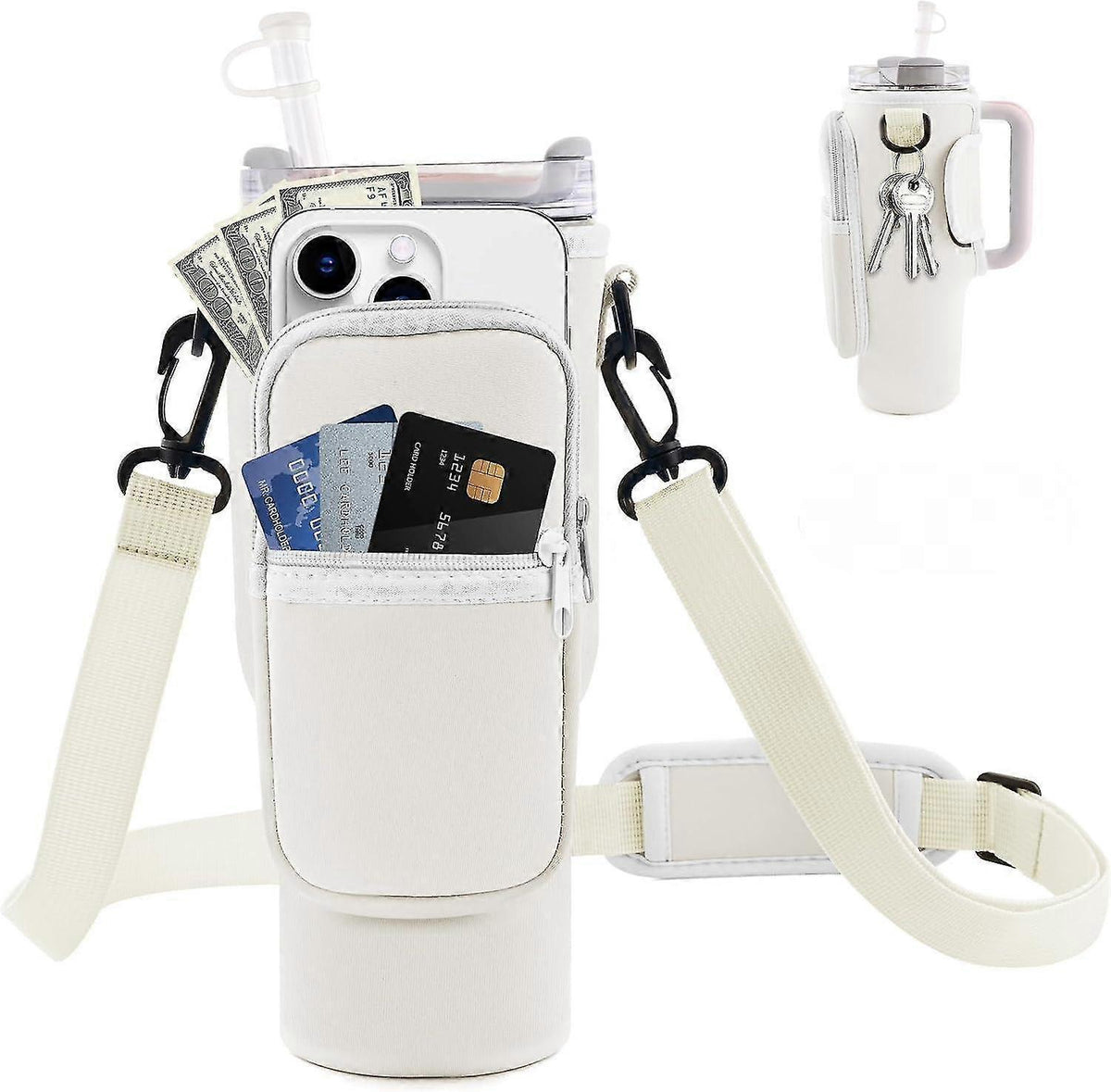 Water Bottle Carrier Bag with Phone Pocket for Stanley Cup 40 oz, Water Bottle Holder with Adjustable Strap& Straw Cover, Stanley Cup Accessories