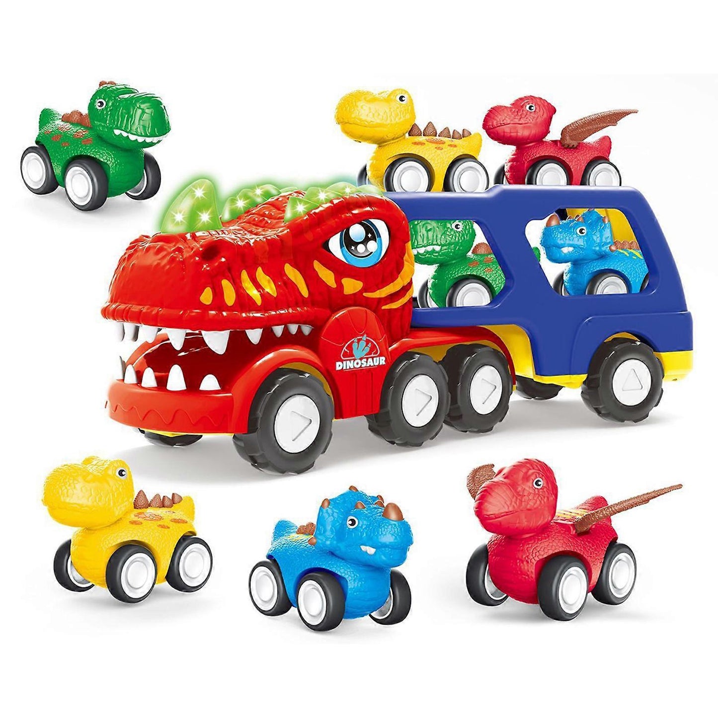 Multicolor Dinosaur Truck with 4 Pull Back Dinosaurs
