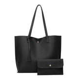 Large Women's PU Leather Handbag College Laptop Tote 2-Piece Set - Black