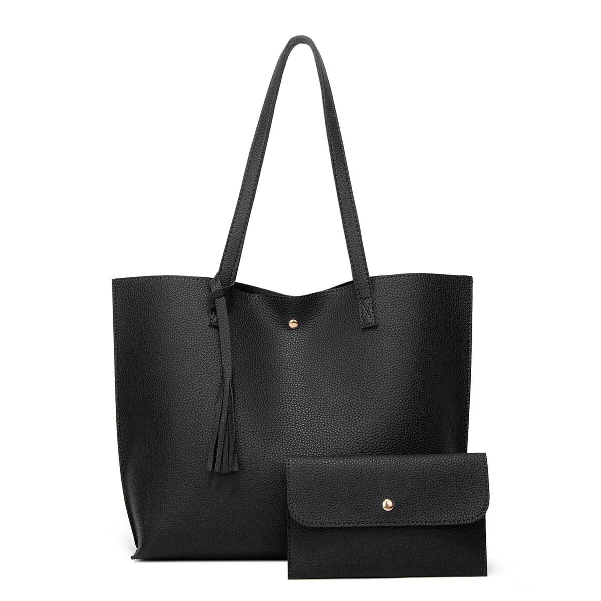 Large Women's PU Leather Handbag College Laptop Tote 2-Piece Set - Black