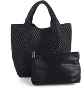 Woven Tote Bag for Women Soft Leather Handbag with Pocket