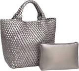 Woven Tote Bag for Women Soft Leather Handbag with Pocket