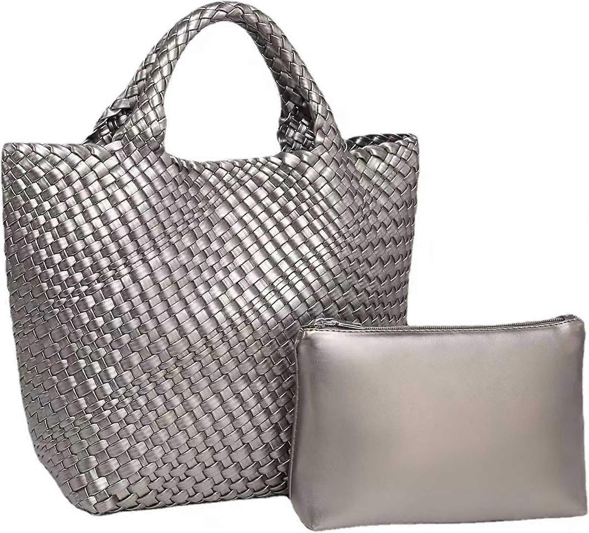 Woven Tote Bag for Women Soft Leather Handbag with Pocket