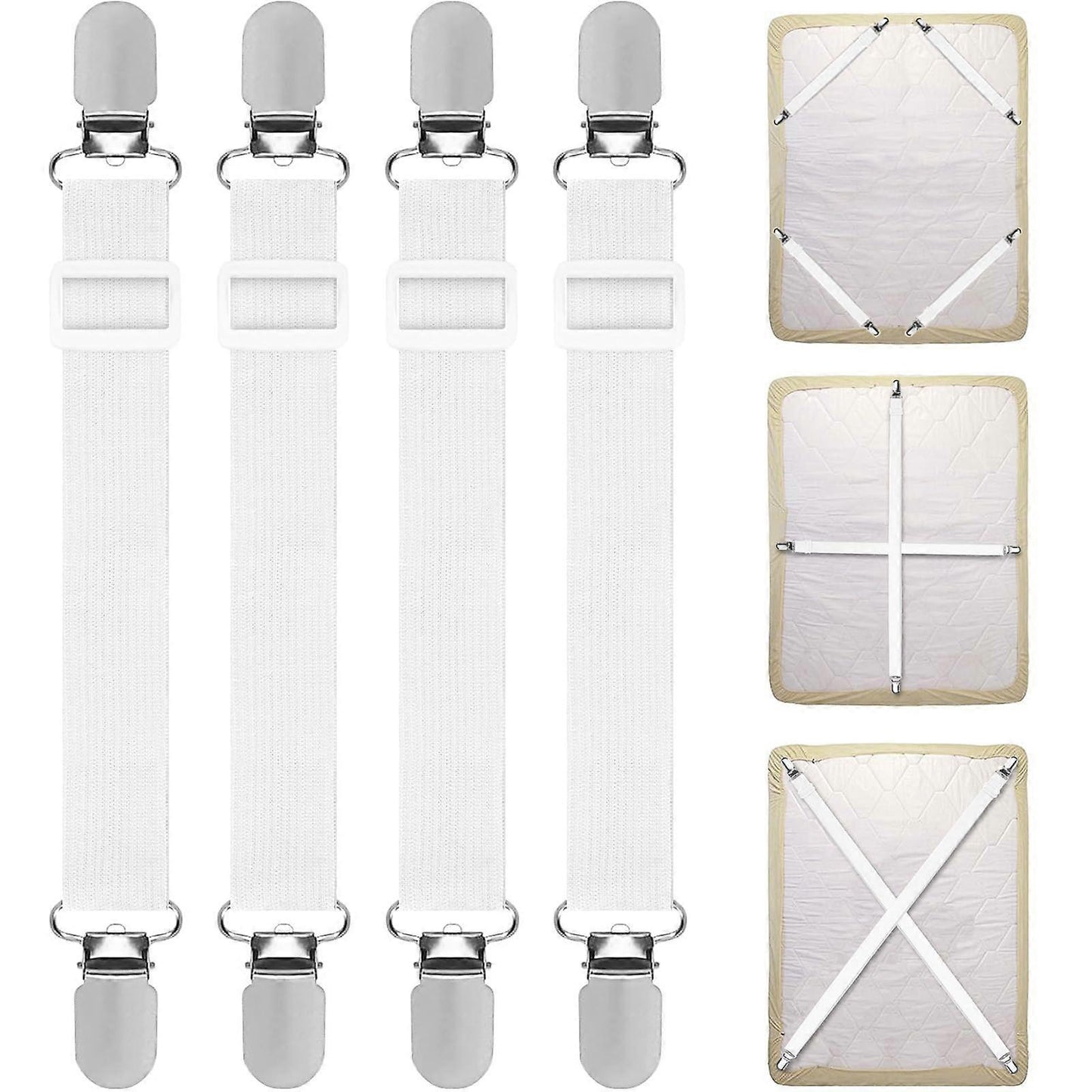 4PCS Adjustable Bed Sheet Straps, Elastic Grippers for Bedding