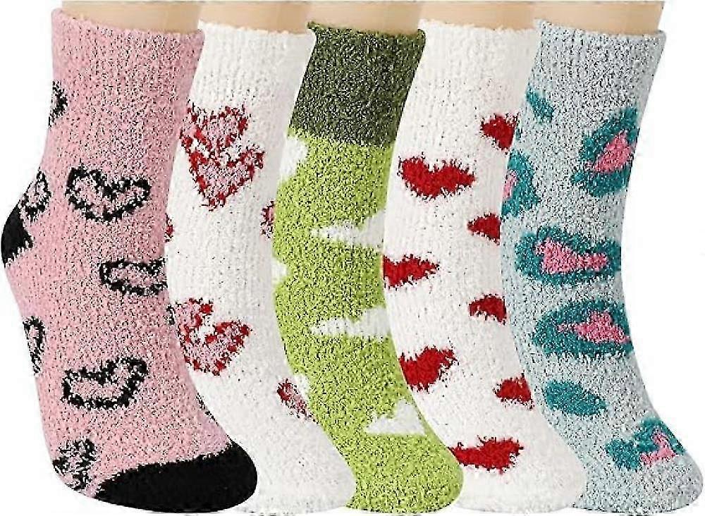 5 Pairs Fluffy Coral Fleece Socks Women's Slipper Socks Love Pattern