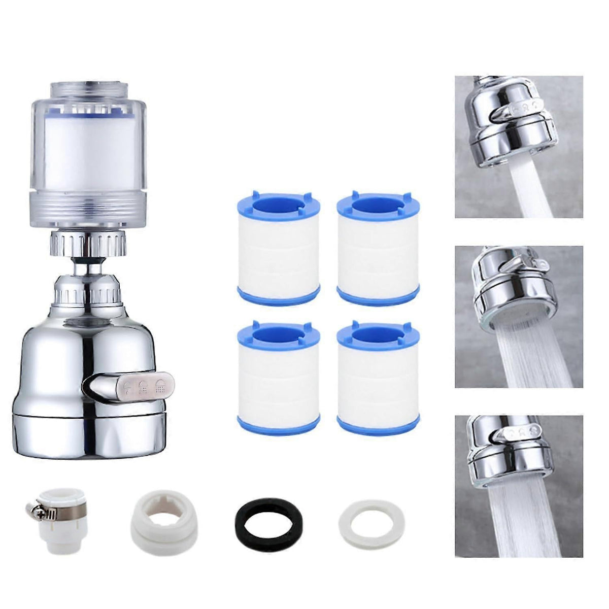 Rotatable Tap Water Filter with 4 Cotton Cartridges, 3 Mode Faucet Filter