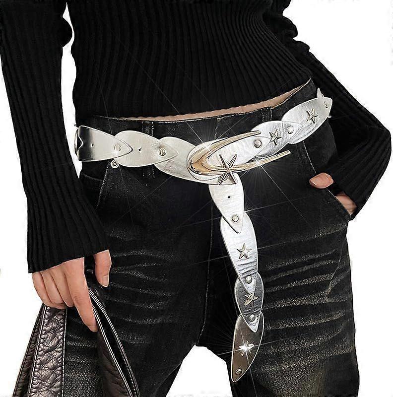 Star Studded Silver Leather Belt for Women, Y2K Fashion Accessories