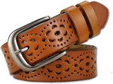 110cm Genuine Cowhide Leather Belt for Women, Hollow Flower Design