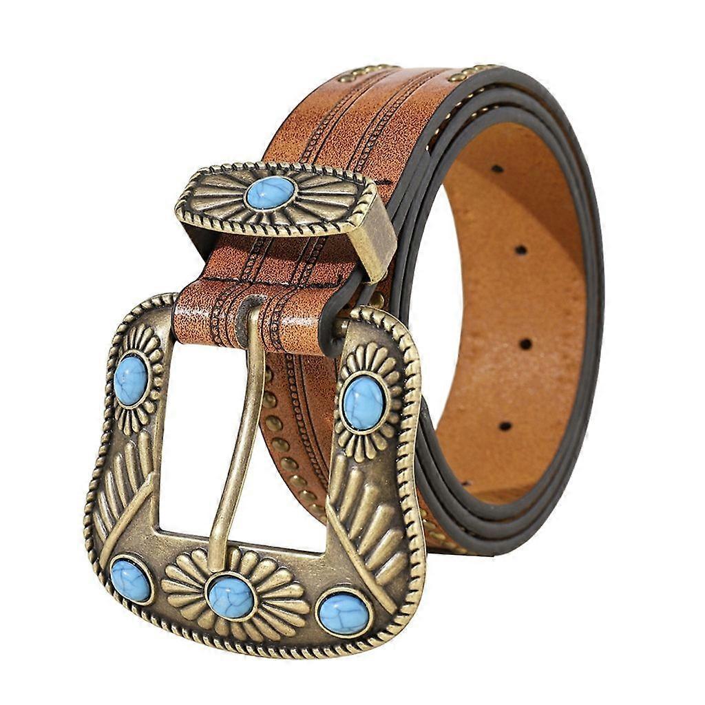 Vintage Western Leather Belt with Cowboy Turquoise Buckle