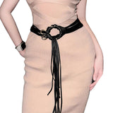 Retro Unisex Tassel Leather Belt with Hollow Out Waistband for Casual or Business