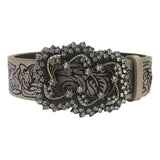 Women's Coffee Vintage Floral Embossed Leather Dress Jeans Belt