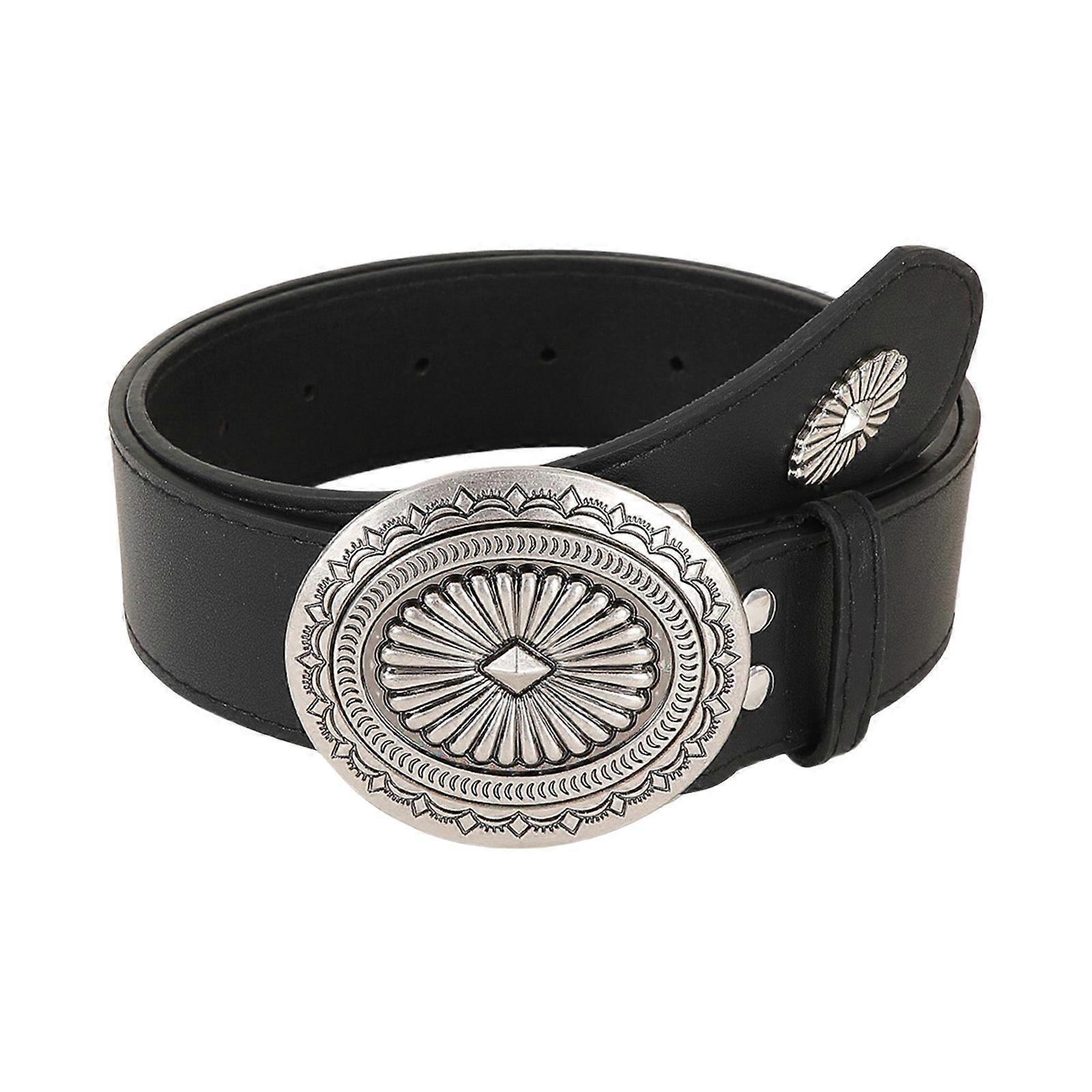 Vintage Adjustable Leather Wide Belt, Western Style with Aluminum Buckle Black