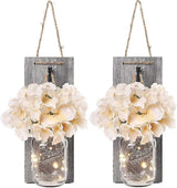 Rustic Mason Jar LED String Lights with Silk Hydrangea, Set of 2