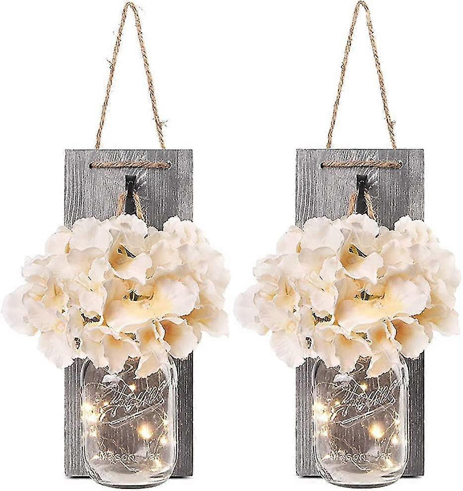 Rustic Mason Jar LED String Lights with Silk Hydrangea, Set of 2