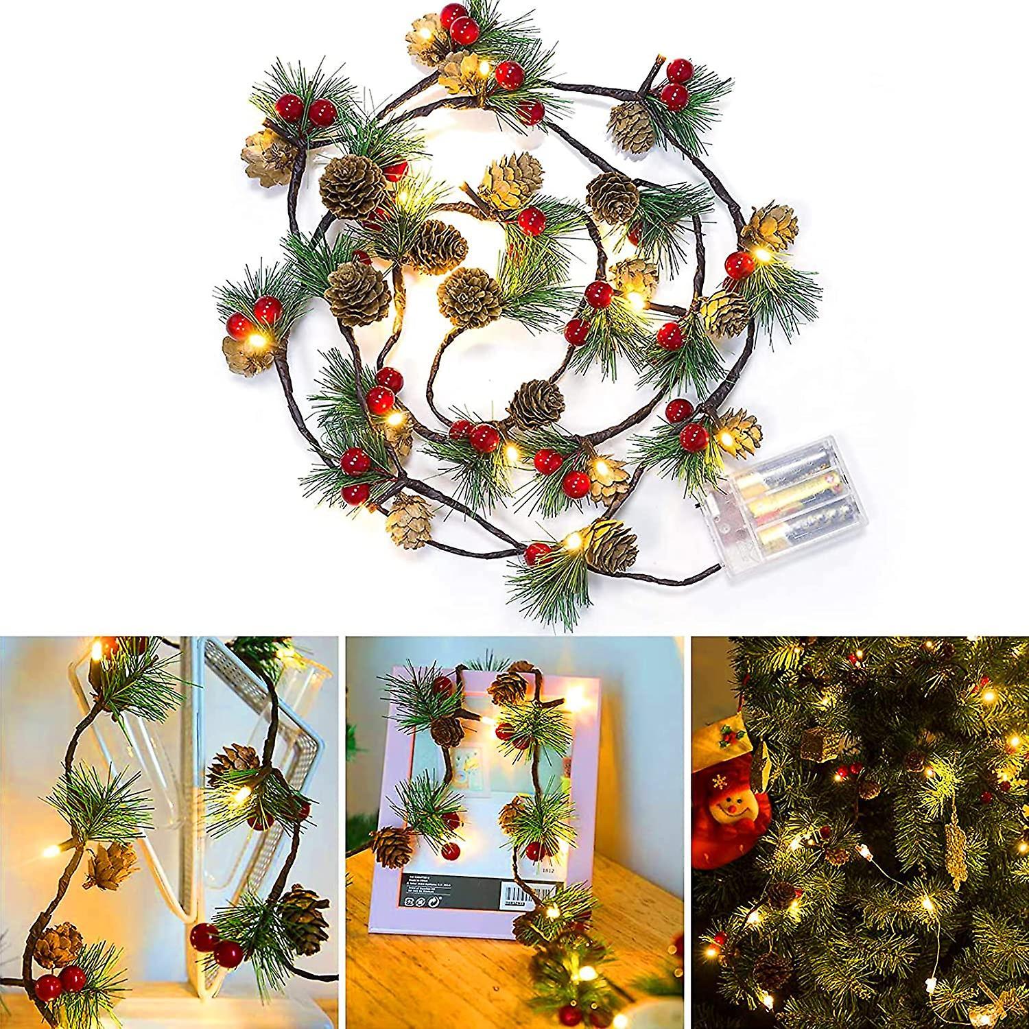 3M 30 LED Pinecone String Lights, Battery Powered, Xmas Red Berries Decor (2 Pack)