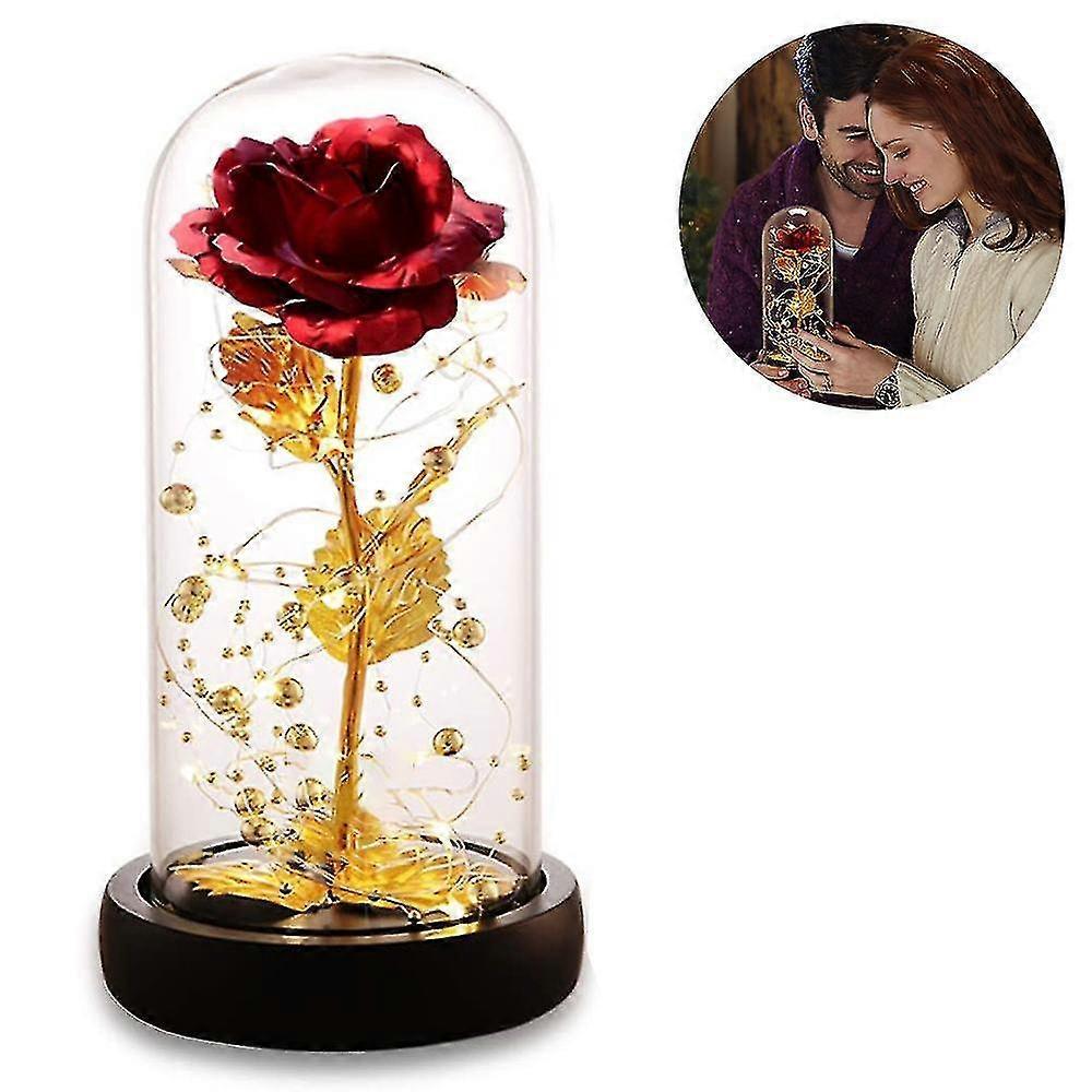 Silk Rose Gold Foil Leaf LED String Lights on Glass Dome with Wooden Base