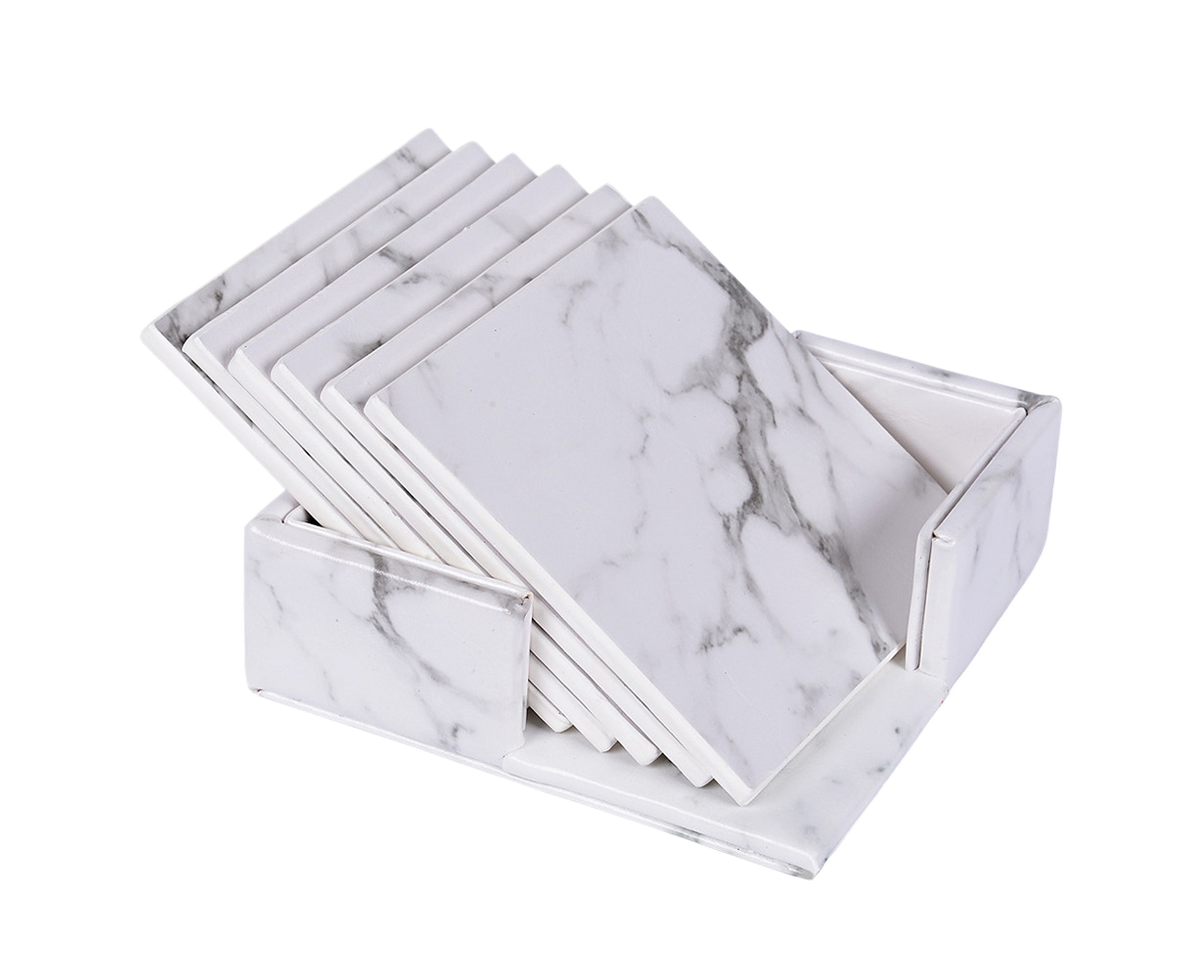 6Pcs Faux Leather Marble Coasters Cup Mat Pad Holder Placemat Dining Table Decor- G