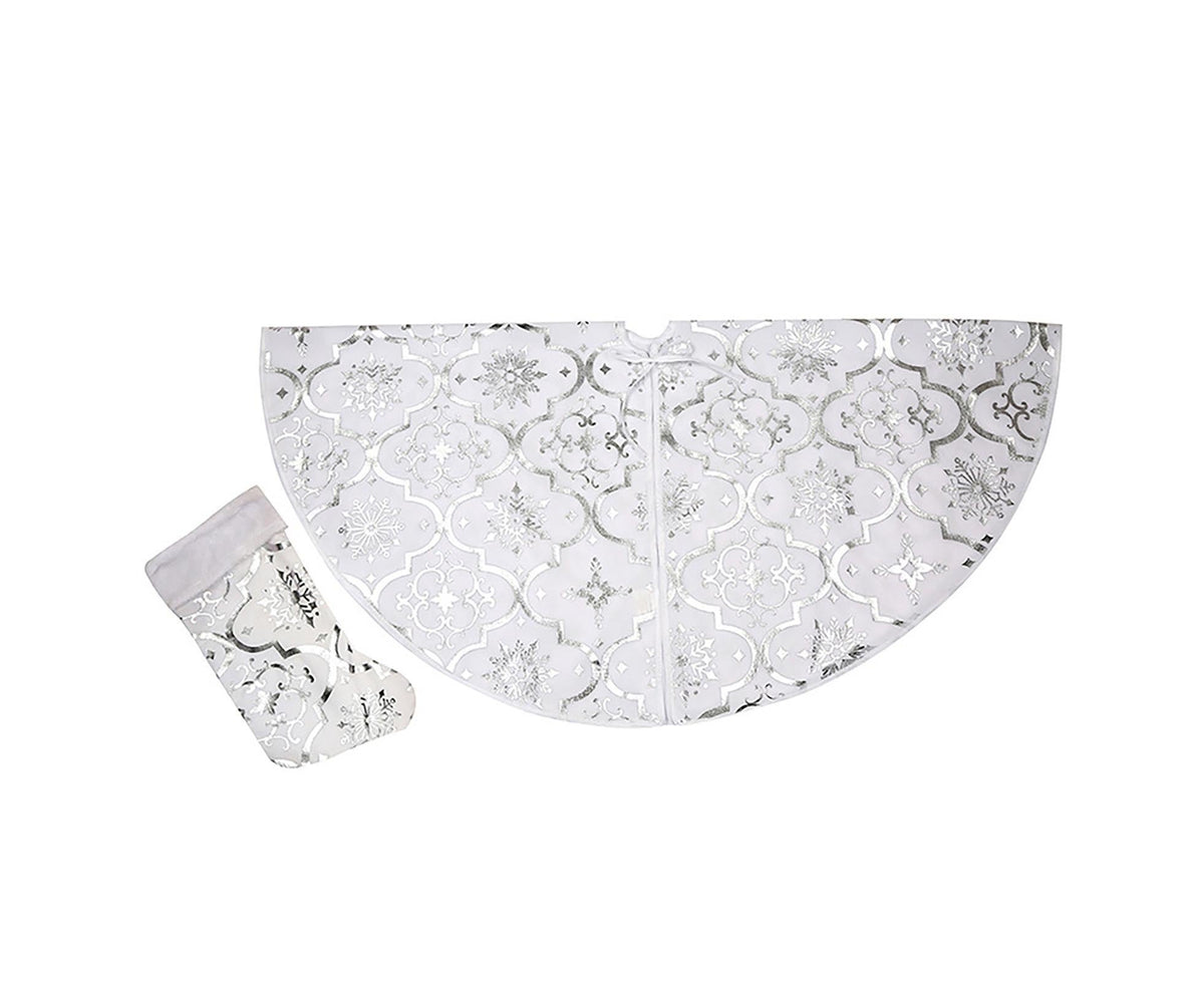 Tree Skirt Polyester Snowflake Pattern Tree Carpet-White