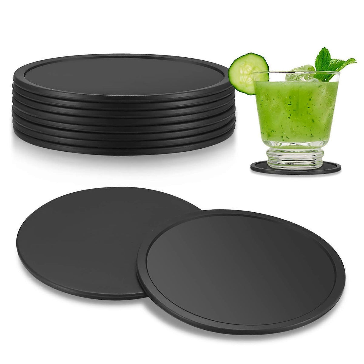 8pcs Round Black Silicone Drink Coasters for Glasses Cups