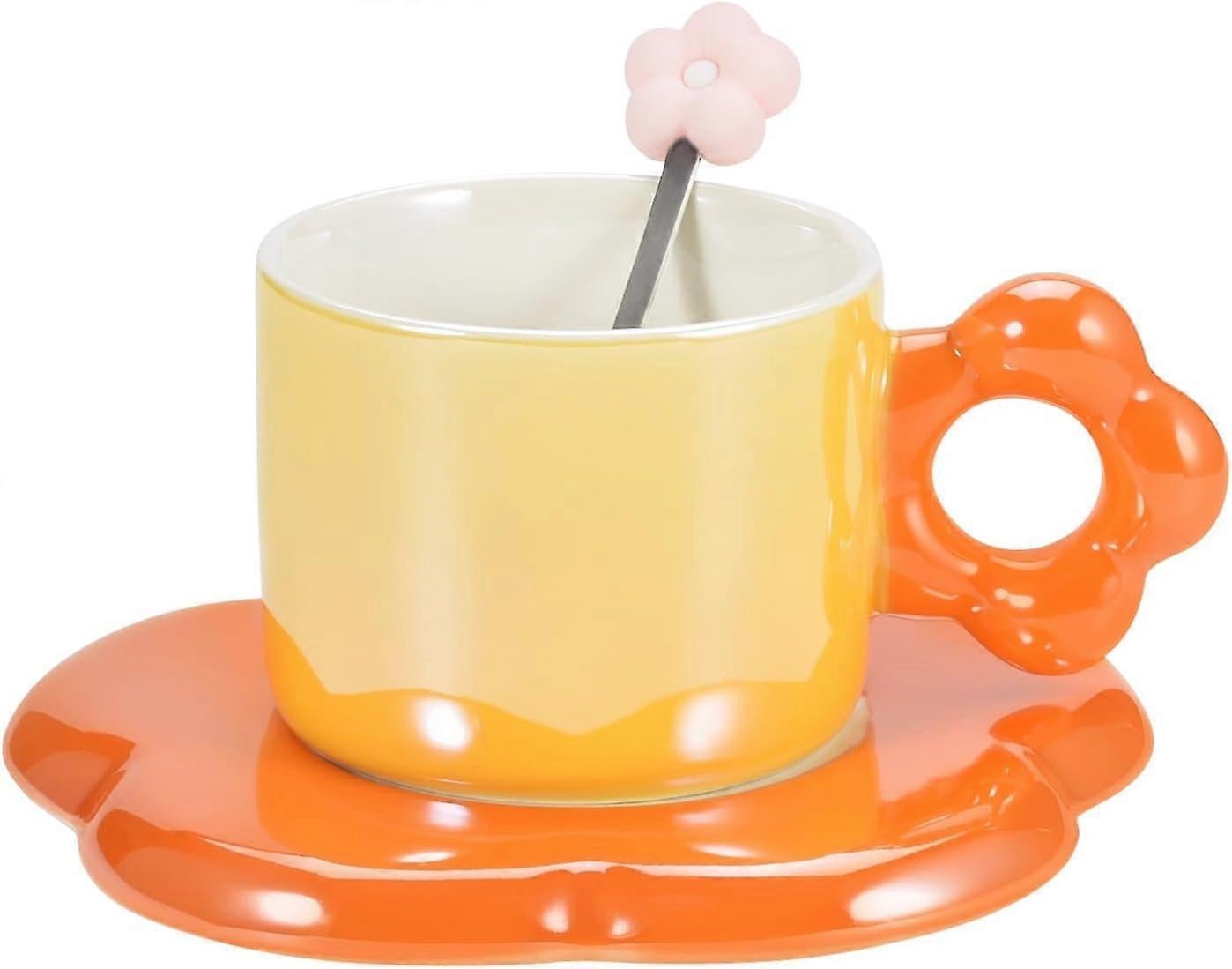 Ceramic Coffee Cup & Saucer Set Flower Mug Demitasse 10oz Pearl Orange