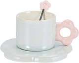 Ceramic Coffee Cup & Saucer Set Flower Mug Demitasse 10oz Pearl Blue