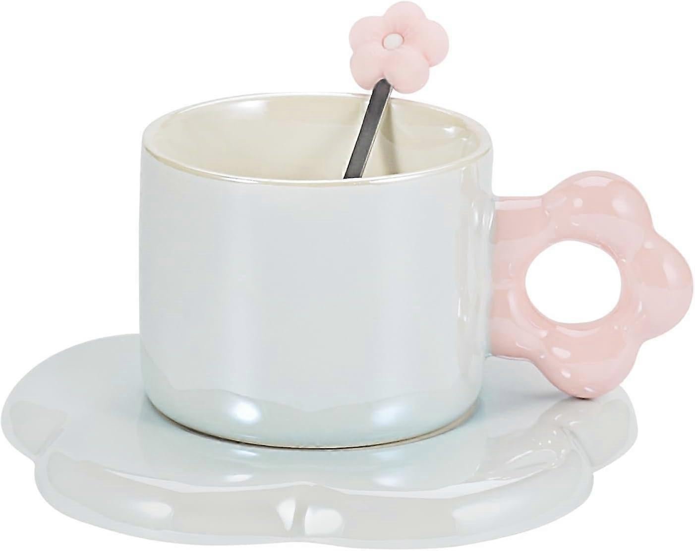 Ceramic Coffee Cup & Saucer Set Flower Mug Demitasse 10oz Pearl Blue