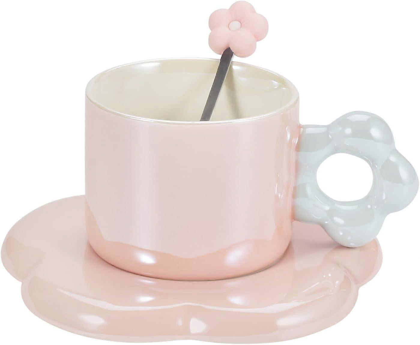 Ceramic Coffee Cup & Saucer Set Flower Mug Demitasse 10oz Pearl Pink