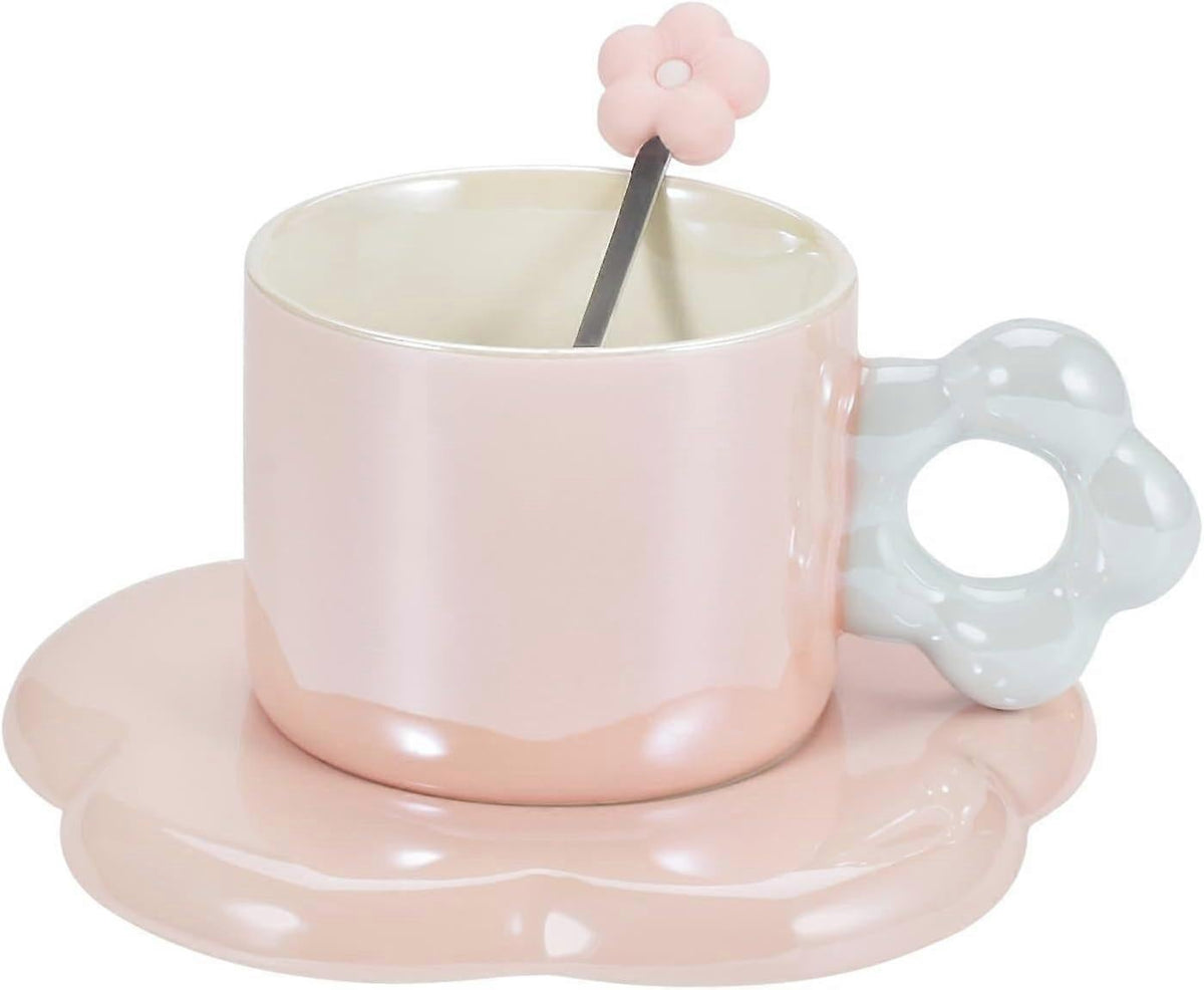 Ceramic Coffee Cup & Saucer Set Flower Mug Demitasse 10oz Pearl Pink