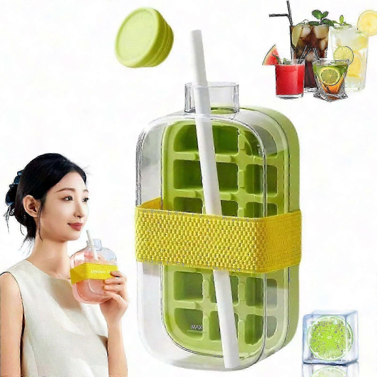 2-in-1 Ice Cube Tray Water Bottle with Straw Easy Release Freezer Bottle