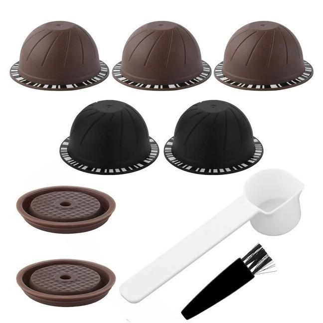 5Pcs Reusable Vertuo Coffee Pods with 2 Silicone Lids Spoon and Cleaning Brush