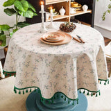 150cm Floral Printed Cotton Linen Round Tablecloth, Washable Fringed Round Table Cloth, Small Round Stain Proof Tablecloth Decorate Used For Dining Table