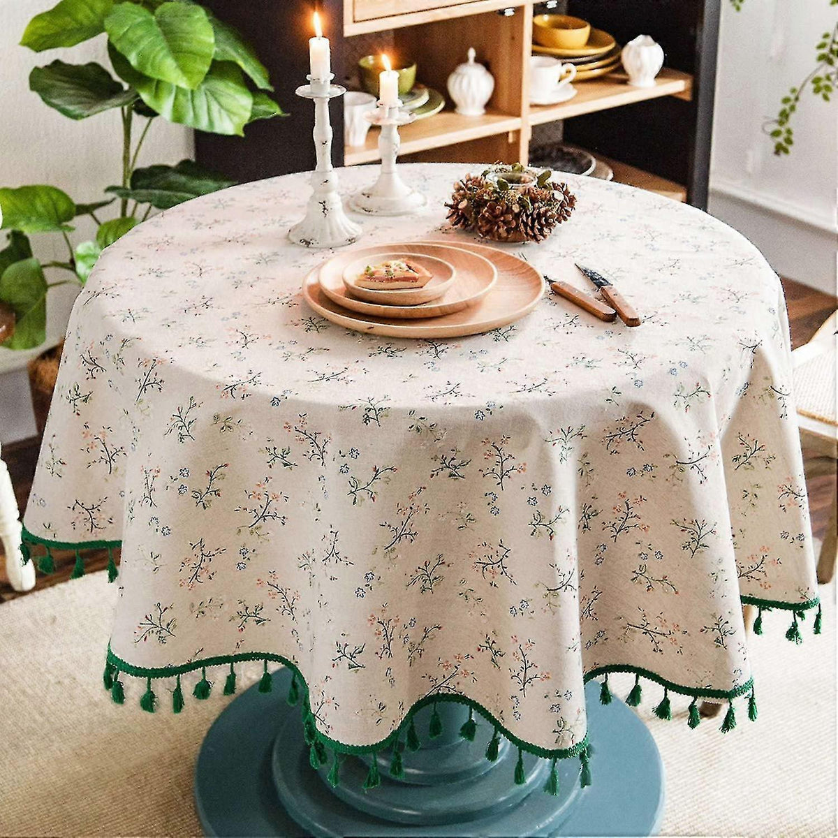 150cm Floral Printed Cotton Linen Round Tablecloth, Washable Fringed Round Table Cloth, Small Round Stain Proof Tablecloth Decorate Used For Dining Table