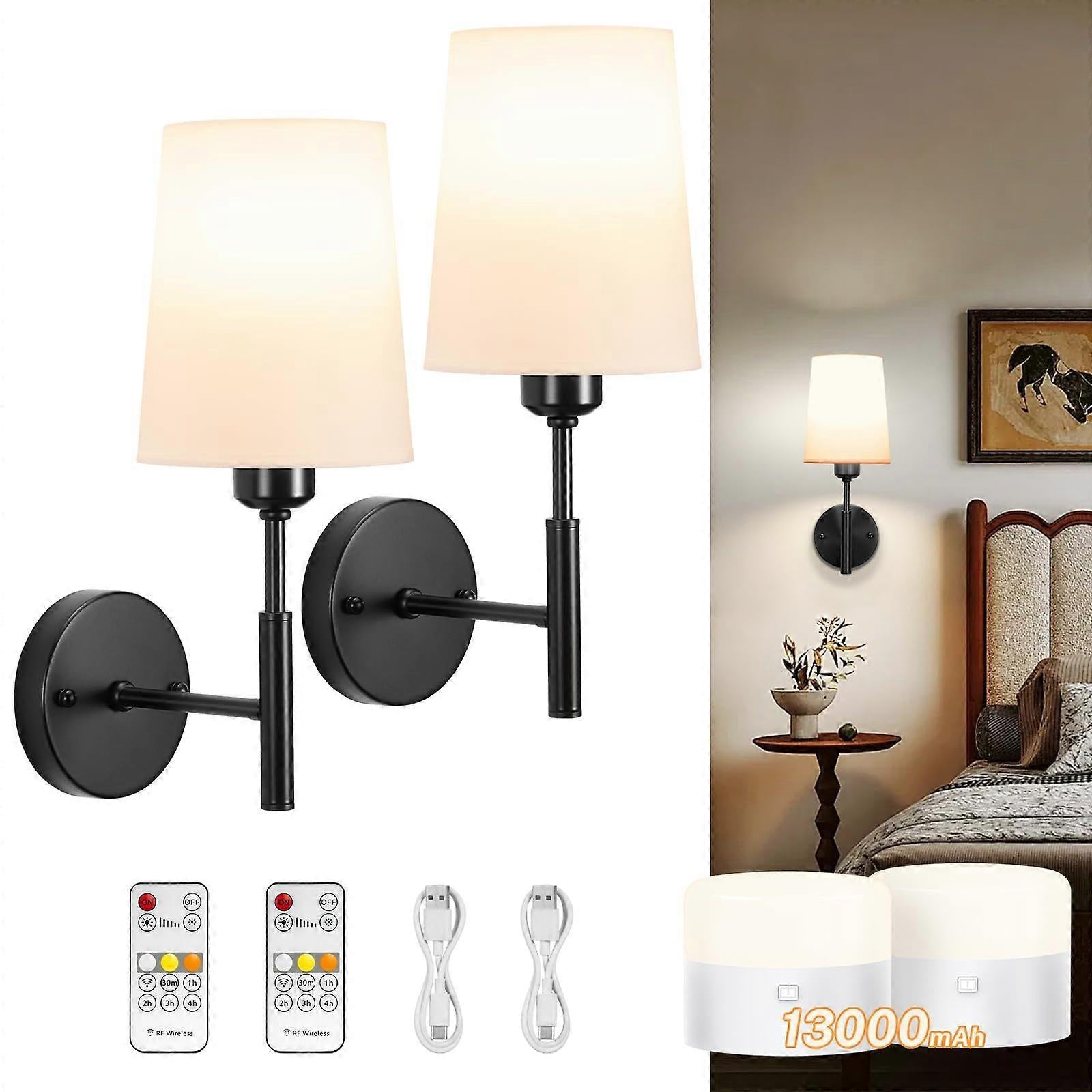 Battery Operated Wall Sconce Set of 2, LED, 13000mAh Rechargeable, Remote Dimmable