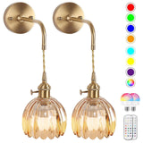 Battery Operated Wall Sconces Set of 2, Vintage Amber Glass, Rechargeable, Remote Dimmable