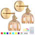 Battery Operated Wall Sconce Set of 2, Vintage Gold Amber Glass, Rechargeable LED, Remote